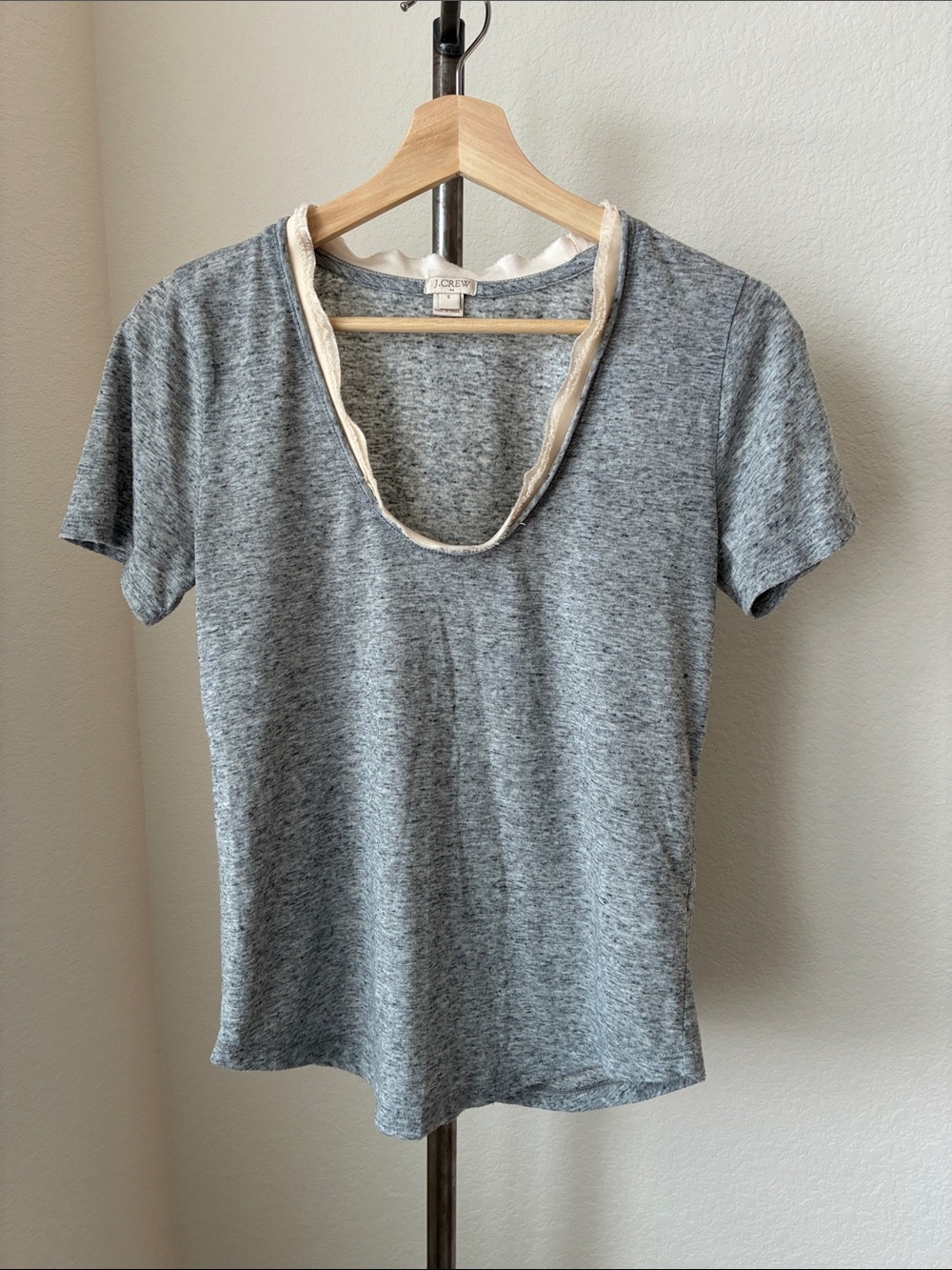 J. Crew Sz S Outlet Heather Grey Dressy T Shirt Cream Silk-like Raw Edge Trim